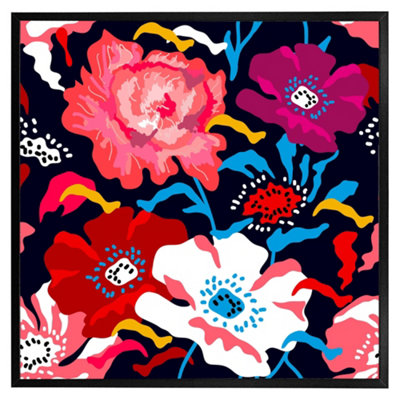 Andrew Lee Bright Flowers On Dark Background (Picutre Frame) / 30X30" / Brown from B&Q
