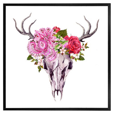 Andrew Lee Deer Animal Skull With Flowers And Feathers (Picutre Frame) / 30X30" / Brown from B&Q