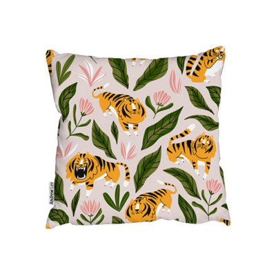 Andrew Lee Cute Tigers And Tropical Leaves And Flowers (Cushion) / 60Cm X 60Cm from B&Q