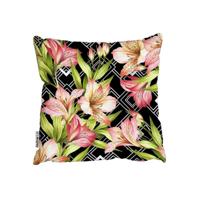 Andrew Lee CushionsAlstroemeria Flowers On Abstract White Black Geometric Background (Cushion) / 60Cm X 60Cm from B&Q
