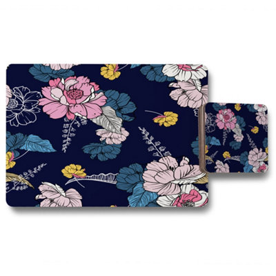 B&Q -  Pink Flowers On Navy (Placemat & Coaster Set) / Default Title