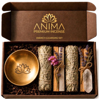  - Anima Energy Cleansing SetWhite Sage Smudge SticksPalo Santo Clear Quartz & Selenite Crystal With Bowl For Crystals & Home