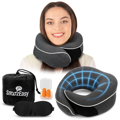 Snoozeasy Travel Pillow For Adults Memory Foam 360 Degree Neck Support With Removable Case Includes BagEye Mask And Ear Plugs from B&Q