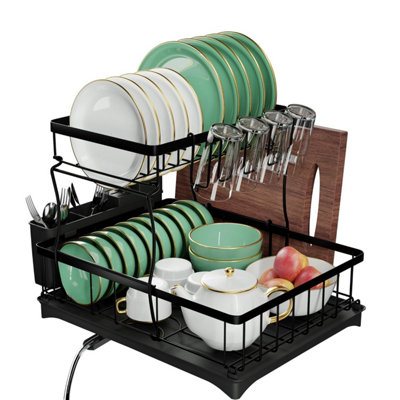 Prime Feel 2 Tier Dish Drainer RackRustproof Drying For Kitchen CountertopDraining Board With Drip TrayCutlery Glass Holder from B&Q