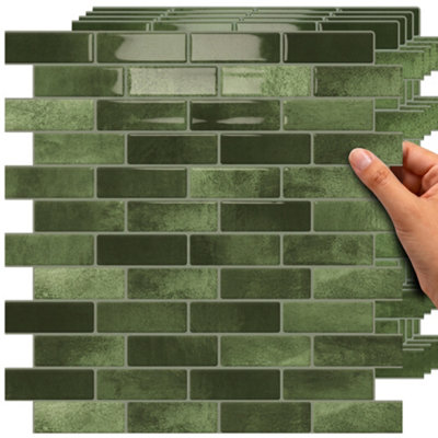 B&Q -  Peel & Stick Self-Adhesive Wall Tiles (10 Sheets) Thicker12"x12"Glossy Jade Green