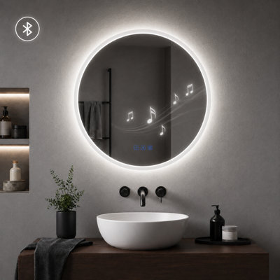 B&Q -  Round Led Bathroom Mirror With Led LightsBluetooth And Demister Touch Switch Memory Function Illuminated Wall Mirror 90Cm