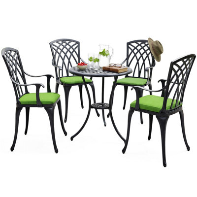 Homeology Oshowa Garden And Patio Table And 4 Large Chairs With Armrests Cast Aluminium Bistro SetGreen Cushions from B&Q