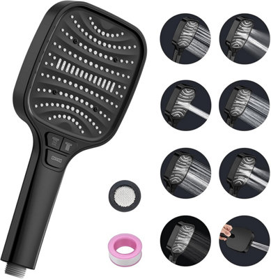 B&Q Shower Head High Pressure Shower Heads 8 Spray Modes Square Handheld Showerhead, Black Shower Head For Bathroom Fixtures