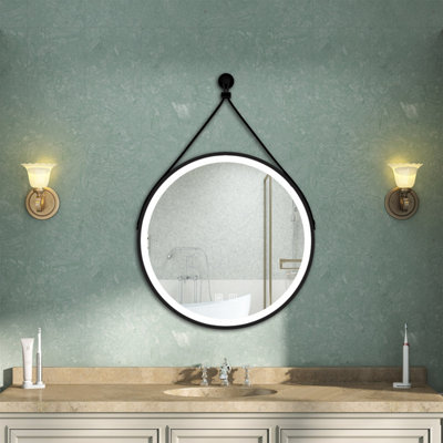 AVER-GROWTH Round Illuminated Bathroom Mirror With Led Lights 3 Colour Black Frame Leather Strap Anti-Fog Dimmable Touch/wall Switch 80Cm from B&Q