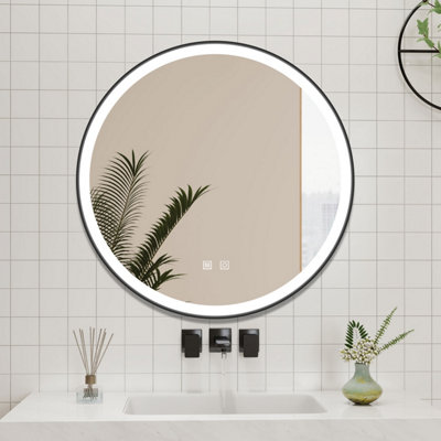 B&Q -  Led Mirror Round 700mm,3 Colors Illuminated With Anti-Fog,touch Sensor Wall Black Framed Backlit Mirror