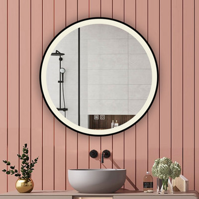 B&Q -  800mm Round Led Mirror 3-Color Dimmable With Anti-Fog Touch Sensor Black Framed Backlit Vanity Wall Mirror
