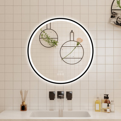B&Q -  Led Mirror 3 Colors Round 600mm,black Framed With Bluetooth And Clock,anti-Fog,backlit Illuminated Wall Vanity