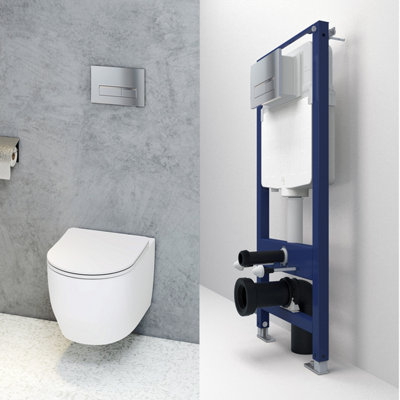 Probaty Bathrooms 1.14M Concealed Cistern Frame Rimless Round Wall Hung Toilet Set Uf Soft Close Seat Chrome Square Flush Plate from B&Q