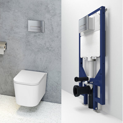 Probaty Bathrooms Square Rimless Wall Hung Toilet 1.14M Concealed Cistern Frame Set Chrome Square Flush Plate Uf Soft Close Seat from B&Q