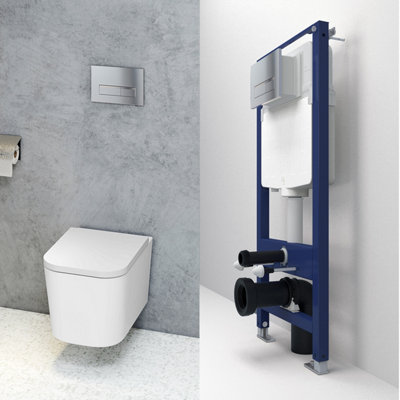 Probaty Bathrooms 1.14M Concealed Cistern Frame Rimless Wall Hung Toilet Set Square Uf Soft Close Seat Chrome Square Flush Plate from B&Q