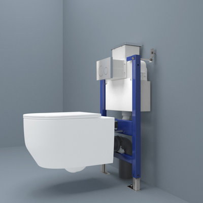 Probaty Bathrooms Rimless Round Wall Hung Toilet Uf Soft Close Seat With 0.82M Concealed Cistern Frame Set Chrome Flush Plate from B&Q