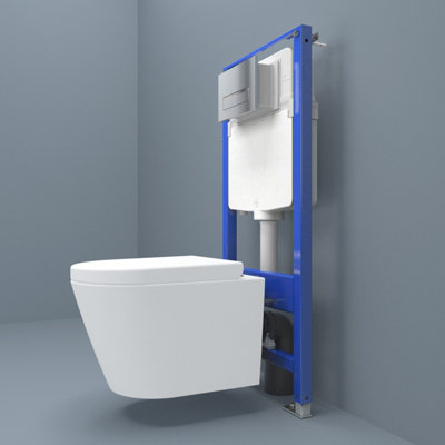 Probaty Bathrooms Rimless Round Wall Hung Toilet 1.14M Concealed Cistern Frame Soft Close Seat Chrome Square Button Flush Plate from B&Q