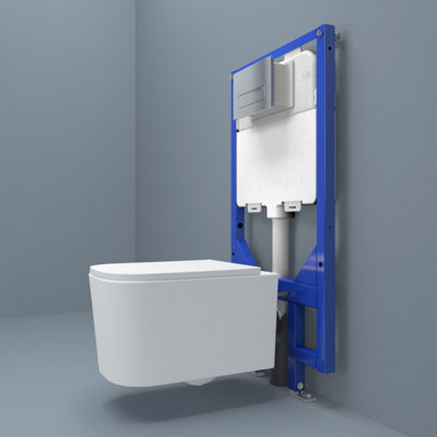 Probaty Bathrooms 1.14M Concealed Cistern Frame Rimless Wall Hung Toilet Set Square Uf Soft Close Seat Chrome Square Flush Plate from B&Q