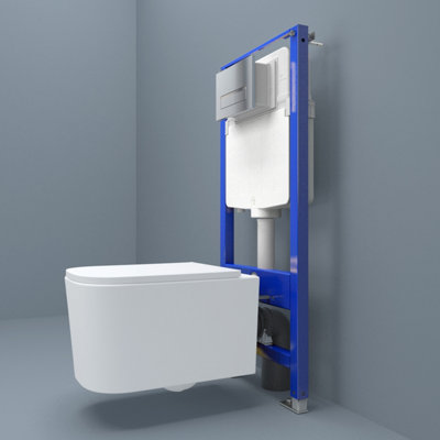 Probaty Bathrooms 1.14M Concealed Cistern Frame Set Rimless Wall Hung Toilet Square Uf Soft Close Seat Chrome Square Flush Plate from B&Q