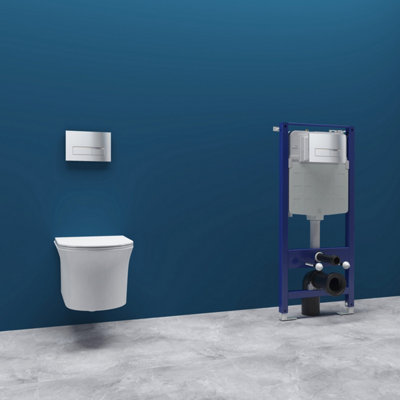 Sline Round Rimless Wall Hung Toilet Uf Soft Close Seat Bathroom White Wc Set With 1.14M Concealed Cistern Frame from B&Q