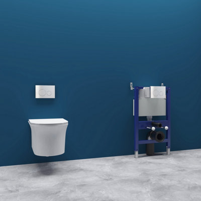 Sline Round Rimless Wall Hung Toilet Uf Soft Close Seat Bathroom White Wc Set & 0.82M Concealed Cistern Frame from B&Q