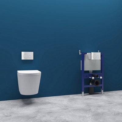 Sline Rimless Wall Hung Toilet Soft Close Seat Bathroom Modern Round Pan White Wc Set & 0.82M Concealed Cistern Frame from B&Q