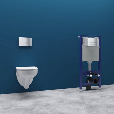 Sline Bathroom Rimless Wall Hung Toilet Uf Soft Close Seat Modern Round Pan White Wc With 1.14M Concealed Cistern Frame from B&Q