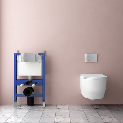 AVER-GROWTH Evergrow Bathroom Wall Hung Rimless Round Toilet Soft Uf Seat 0.82M Low Height Concealed Cistern Frame Chrome Button Flush Plate from B&Q