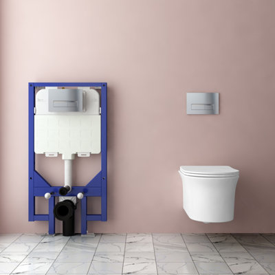 AVER-GROWTH Evergrow Bathroom 1.14M Concealed Cistern Frame With Round Rimless Wall Hung Toilet Uf Soft Close Seat Chrome Button Flush Plate from B&Q
