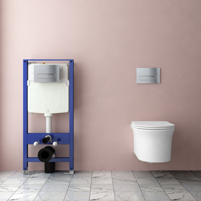 AVER-GROWTH Evergrow Bathroom Round Rimless Wall Hung Toilet Uf Soft Close Seat 1.14M Concealed Cistern Frame Set Chrome Button Flush Plate from B&Q