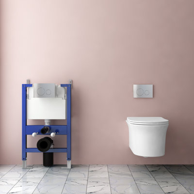 AVER-GROWTH Evergrow Bathroom Round Rimless Wall Hung Toilet Soft Uf Seat 0.82M Low Height Concealed Cistern Frame Chrome Button Flush Plate from B&Q