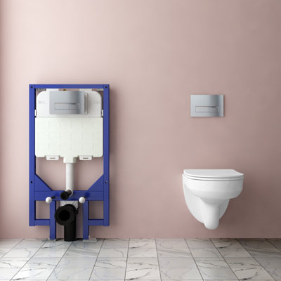 AVER-GROWTH Evergrow Bathroom 1.14M Concealed Cistern Frame Rimless Round Wall Hung Toilet Uf Soft Close Seat Set Chrome Button Flush Plate from B&Q