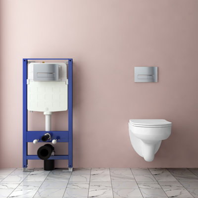 AVER-GROWTH Evergrow Bathroom Rimless Round Wall Hung Toilet Uf Soft Close Seat 1.14M Concealed Cistern Frame Set Chrome Button Flush Plate from B&Q