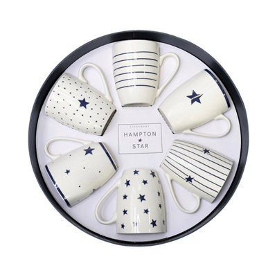 Mug Gift Set 6pcs Blue Hampton Star Bone China Tea Coffee Cups Hat Box New Home - Image 3