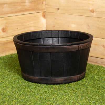 50cm Black Round Plastic Oak Wood Barrel Effect Decorative Garden Patio  Planter