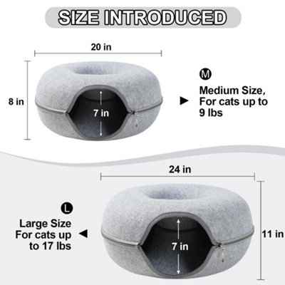 50CM Cats Tunnel Natural Felt Pet Cat Cave Bed Nest Round House Donut Interactive Toy Size S Dark Grey