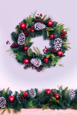 50cm Decorated Mixed Pine Wreath with Red Baubles