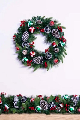 50cm Decorated Mixed Pine Wreath with Red Green & Black Baubles