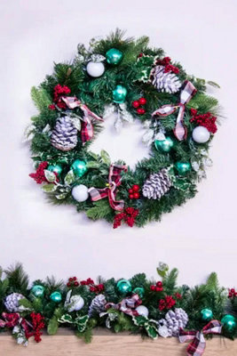 50cm Decorated Mixed Pine Wreath with Tartan Bows