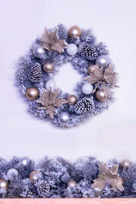 50cm Decorated Silver Mixed Pine Wreath with Rose Gold Poinsettia