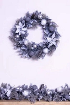 50cm Decorated Silver Mixed Pine Wreath with White Poinsettia