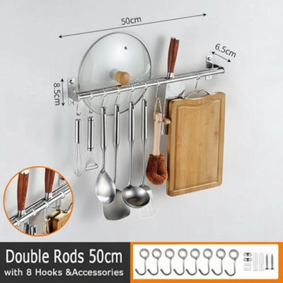 50cm Wall Mounted Kitchen Utensil Rack with 8 Hooks Pan & Pot Hanging ...