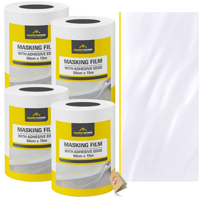 50cm x 15m Masking Film 4pk - 60m Pre Taped Masking Film for Painting, Decorating - Plastic Dust Sheets Dust Sheet Roll with Tape