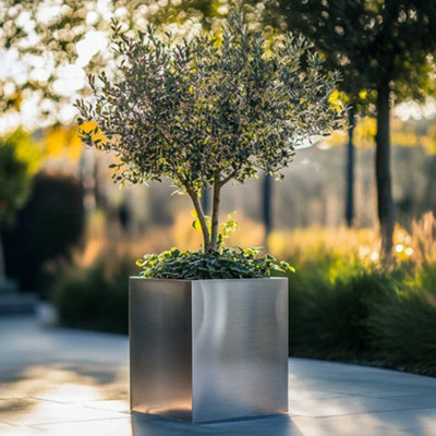 50cm Zinc Galvanised Brushed Silver Square Planter | DIY at B&Q