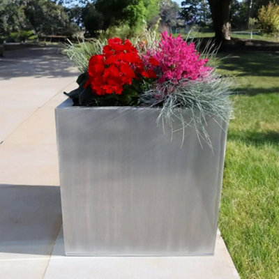 50cm Zinc Galvanised Brushed Silver Square Planter - 3
