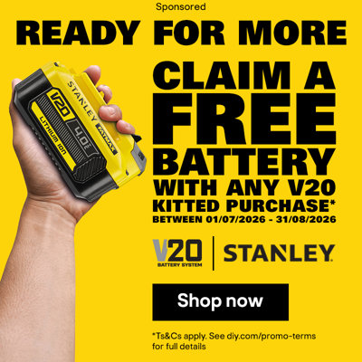 Sponsored offers banner for Stanley. Ready for more. Claim a free battery with any V20 kitted purchase between 1st of July and 31st of August. Ts&Cs apply. Shop now.