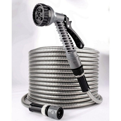 50ft Stainless Steel Hose with 7 Function Spray Nozzle - Flexible Kink Free Rustproof Puncture Resistant Outdoor Garden Hosepipe