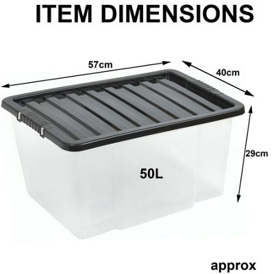 50L Black Plastic Storage Box with Lid Stackable for Home