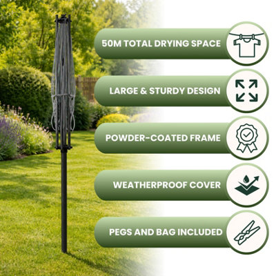 50m Rotary Washing Line with Ground Spike & Waterproof Cover 1.9m