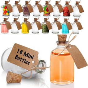 50ml Mini Glass Bottles - Small Jars with Cork Stoppers Funnel Labels & String for Wedding Favours, and Crafts 16pack
